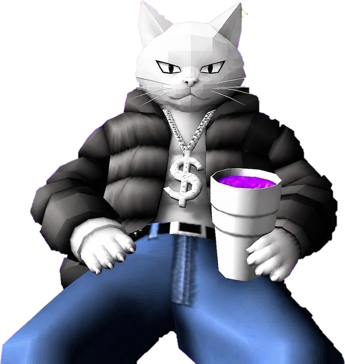 A low polygon white cat in a black puffer jacket wearing a diamond dollar sign chain